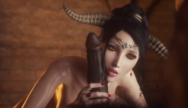 巨乳魅魔看到大鸡巴都走不动路了，上来就深喉口爆